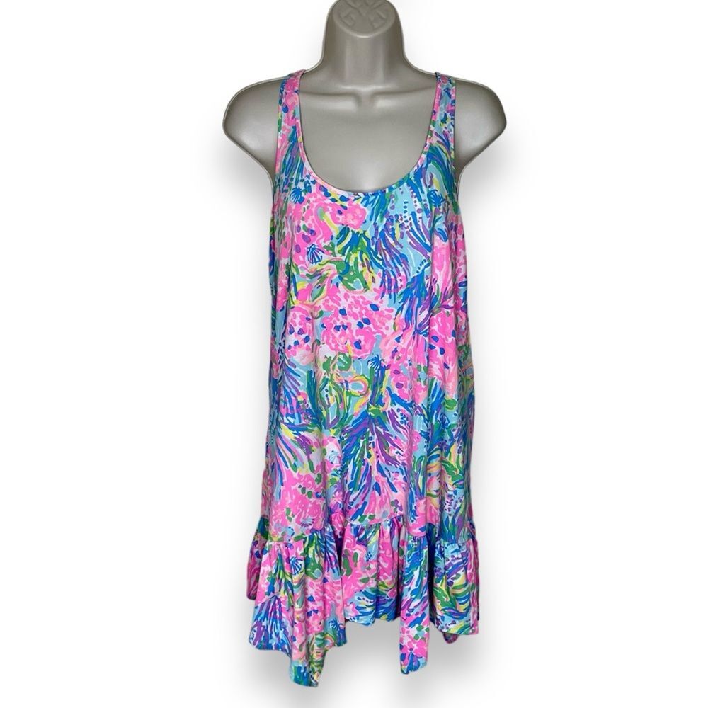 Lilly Pulitzer Hampton Tank Dress Multi Fan Racerback Ruffle Hem Women XS Cotton